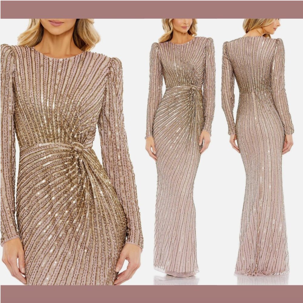 NWT‎ $598 Mac Duggal [ 6 ] Embellished Puff Sleeve Side Knot Gown Mocha #Q731